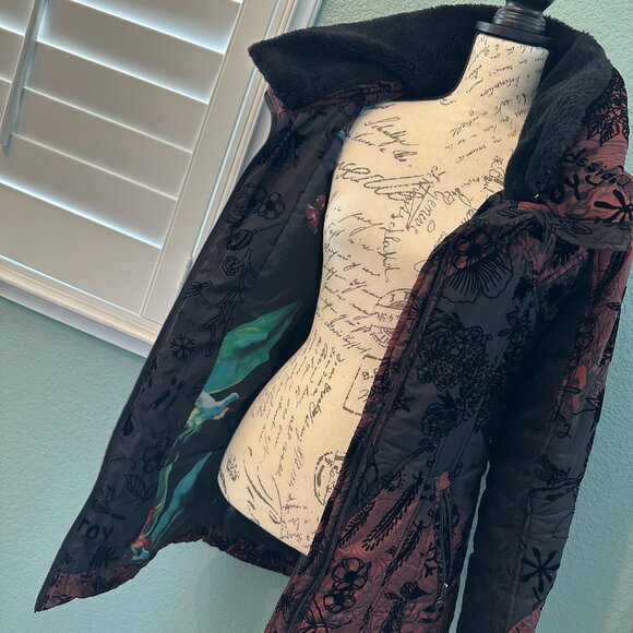 Desigual Flocked Velvet Puffer Jacket 38 Black and Burgandy / Small to Medium - Picture 7 of 10